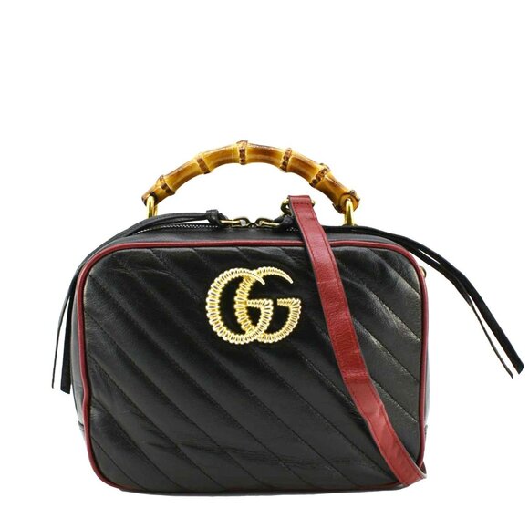 Gucci  GG Marmont Diagonal Leather Bamboo Top Handle Crossbody Bag Black 602270 - Picture 1 of 14